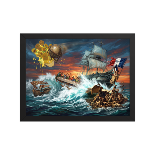 An epic oceanic pop art illustration depicting Da Vinci's Last Supper floating in stormy teal waves alongside Delacroix's Liberty, ideal for a living room. A Pop art art print titled 'Tempest of Art'.