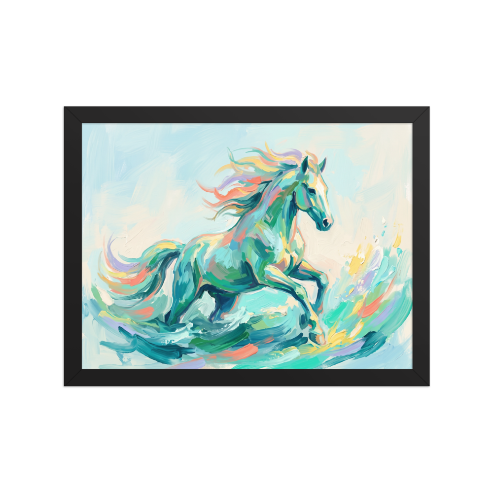 Impressionism wall art exploring mythology, 'Wave Runner'. A vibrant impasto painting of a colorful celestial horse running through turquoise sea waves in a living room.