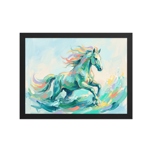 Impressionism wall art exploring mythology, 'Wave Runner'. A vibrant impasto painting of a colorful celestial horse running through turquoise sea waves in a living room.