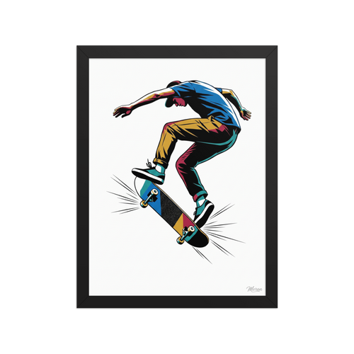 'Kickflip in Motion', Pop art wall art in azure and golden rod. A dynamic pop art vector illustration of a skateboarder performing a kickflip in mid-air in a game room.
