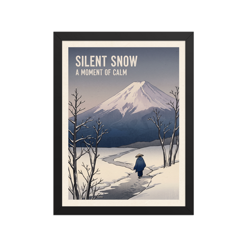 A calmness Shin hanga print, 'Silent Snow'. A lone traveler walks along a snowy path toward Mount Fuji under typography reading Silent Snow, ideal for a bedroom.
