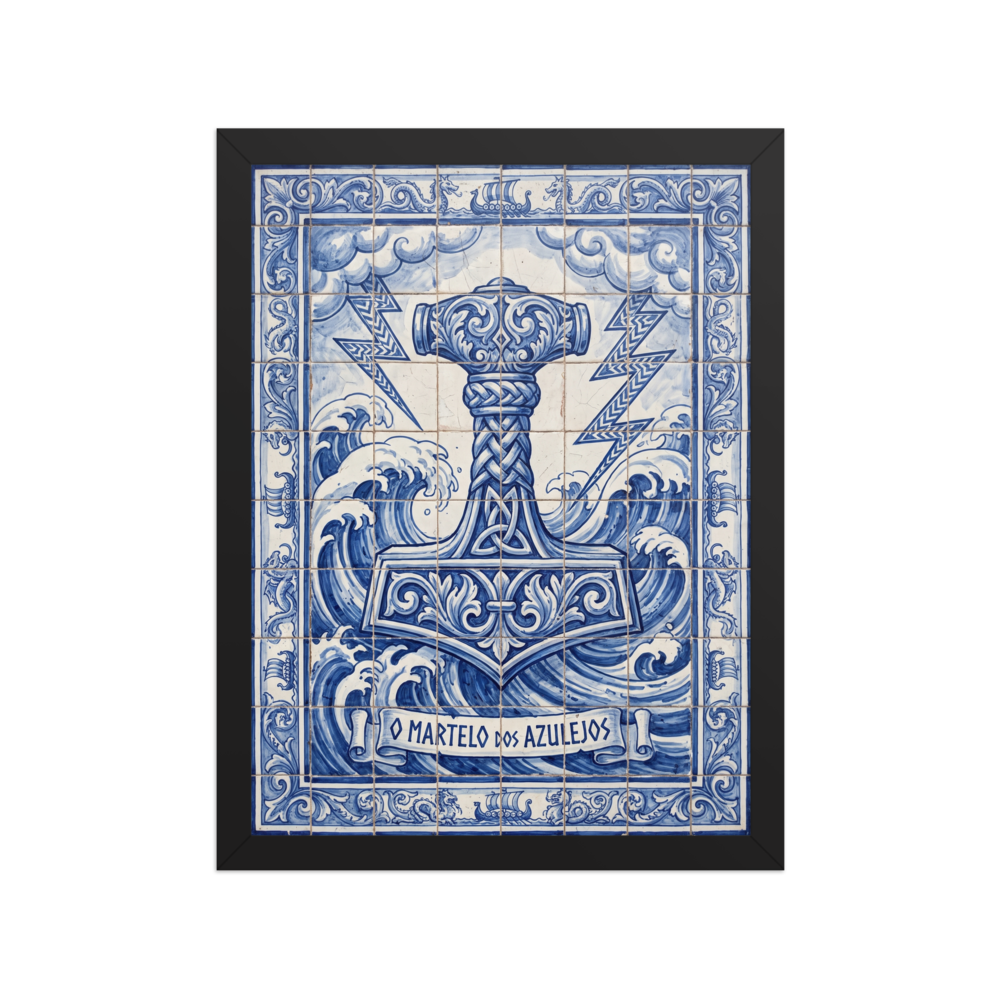 A blue and white Portuguese tile mural depiction of Thor's hammer Mjölnir surrounded by ocean waves in a Dining Room setting. A Folk art print in blue and royal blue, 'O Martelo dos Azulejos'.