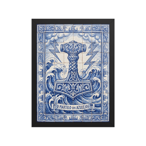 A blue and white Portuguese tile mural depiction of Thor's hammer Mjölnir surrounded by ocean waves in a Dining Room setting. A Folk art print in blue and royal blue, 'O Martelo dos Azulejos'.