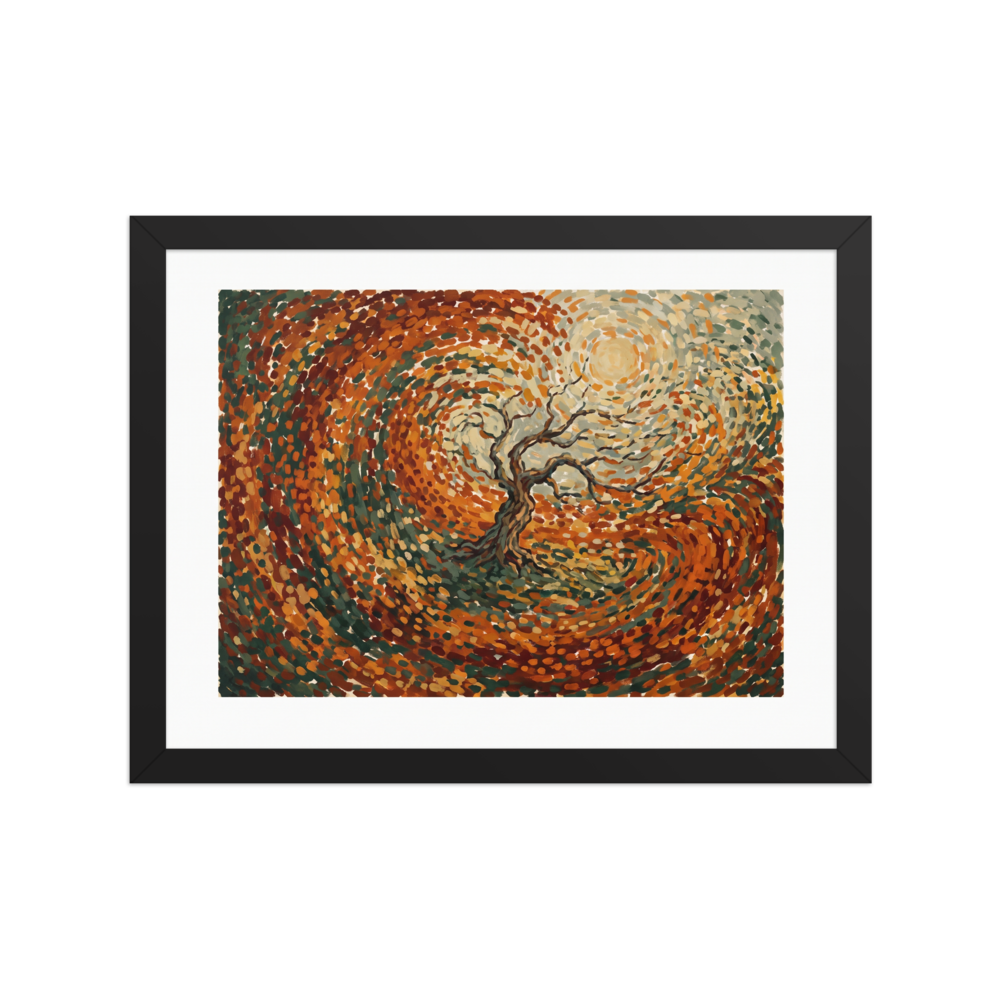 The Post-Impressionism print 'Autumn's Embrace'. A vibrant post-impressionist painting of a swirling autumn wind around a bare tree, perfect for adding warmth to a Living Room.