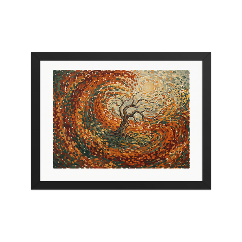 The Post-Impressionism print 'Autumn's Embrace'. A vibrant post-impressionist painting of a swirling autumn wind around a bare tree, perfect for adding warmth to a Living Room.