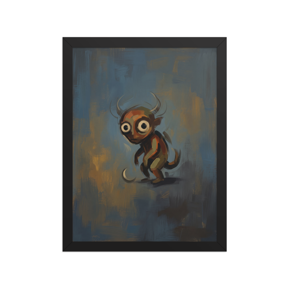 'The Curious Imp', part of Meron's Lowbrow wall art. An oil painting of a wide-eyed horned imp in a moody game room wall art display.