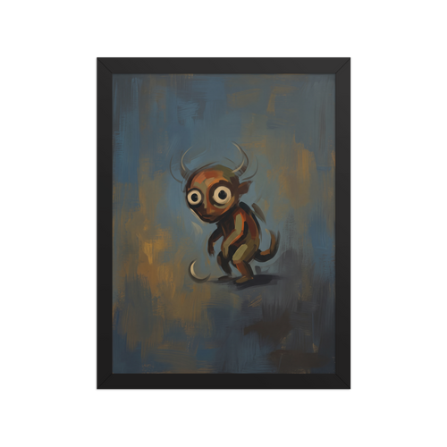 'The Curious Imp', part of Meron's Lowbrow wall art. An oil painting of a wide-eyed horned imp in a moody game room wall art display.