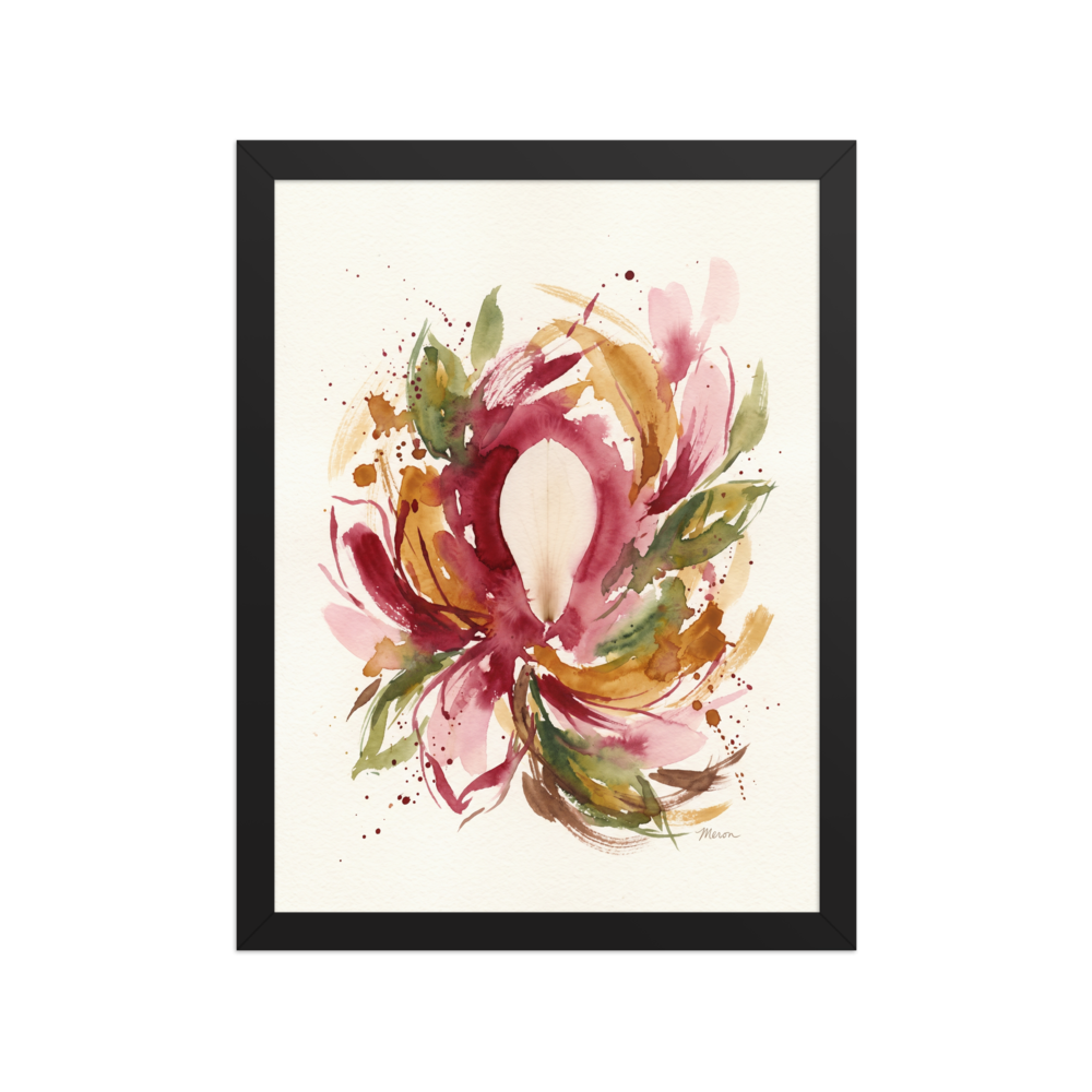 'Petal Symphony'. Abstract watercolor floral painting in burgundy and ochre hues displayed in a bright living room. Offered as a Abstract art print.