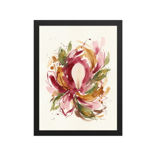 'Petal Symphony'. Abstract watercolor floral painting in burgundy and ochre hues displayed in a bright living room. Offered as a Abstract art print.