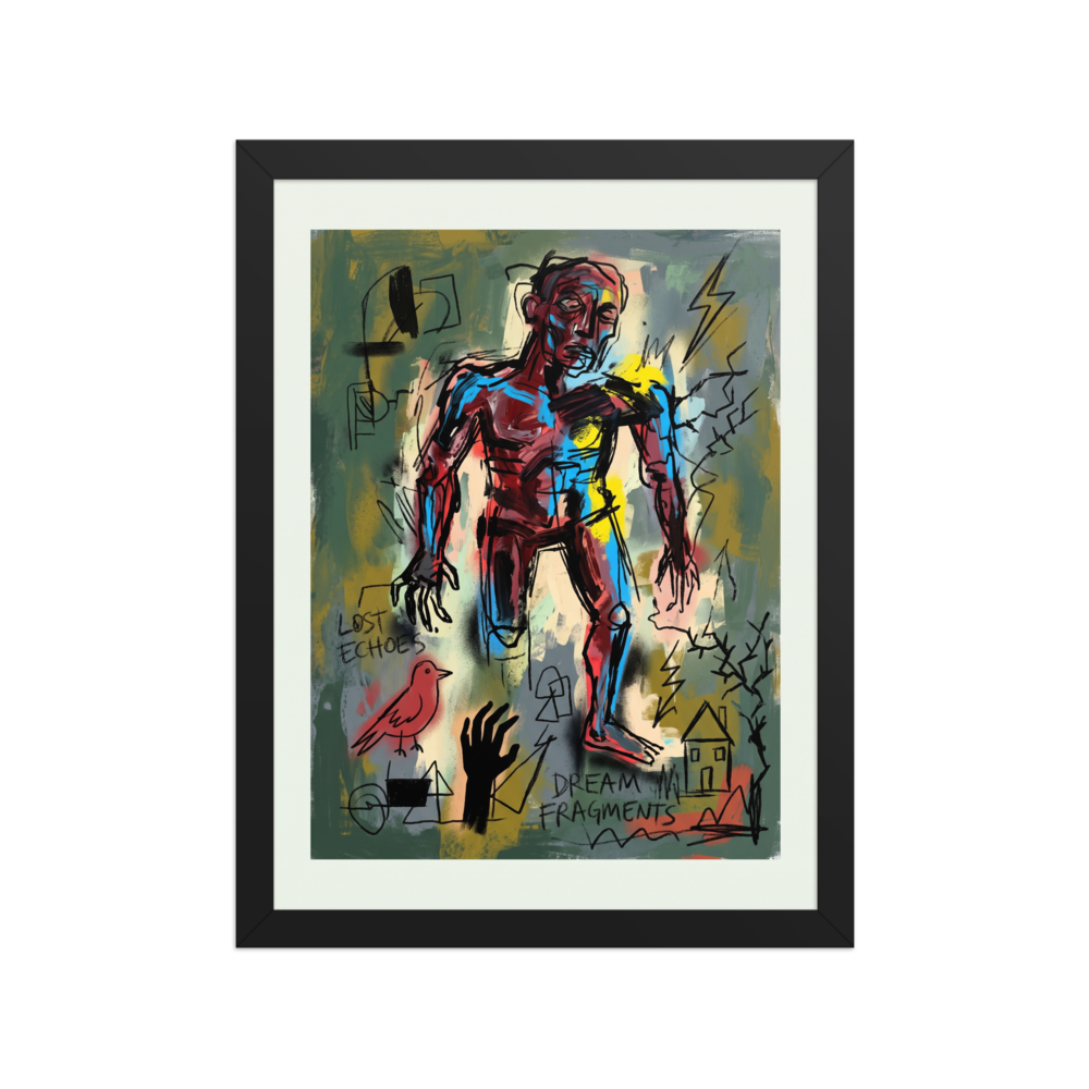 A raw neo-expressionist figure surrounded by lightning bolts and scribbled text reading dream fragments, creating striking energy for an office or living room. 'Dream Fragments', a Neo-expressionism print for the wall.