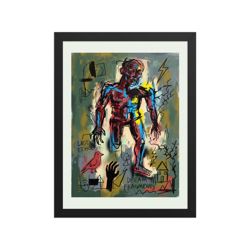 A raw neo-expressionist figure surrounded by lightning bolts and scribbled text reading dream fragments, creating striking energy for an office or living room. 'Dream Fragments', a Neo-expressionism print for the wall.
