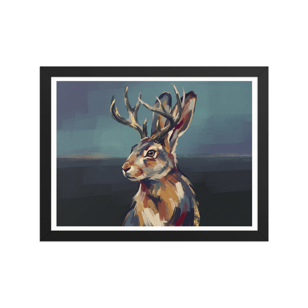 Serene painterly portrait of a mythical Jackalope with golden antlers, ideal for a library wall. A Figurative art print with a freehand brush work look, titled 'Sentinel Jackalope'.