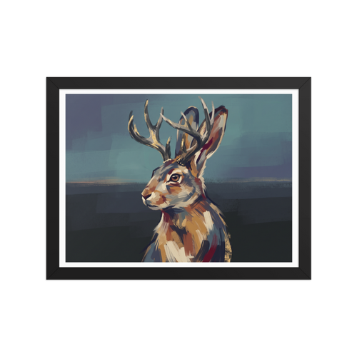 Serene painterly portrait of a mythical Jackalope with golden antlers, ideal for a library wall. A Figurative art print with a freehand brush work look, titled 'Sentinel Jackalope'.