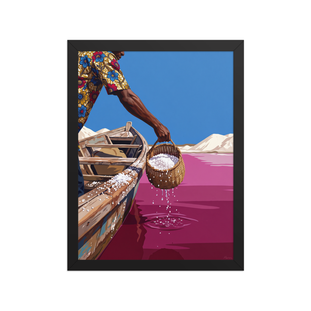 A lively / vibrant scene in deep pink and dodger blue, 'Pink Lake Harvest'. Man in a floral shirt lifting a woven basket of salt from a bright pink lake into a wooden boat, perfect for a living room.