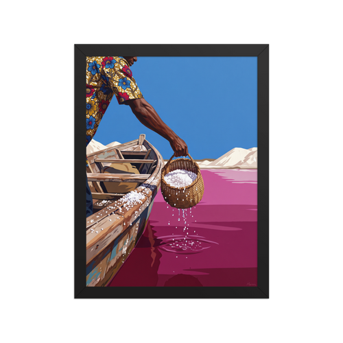 A lively / vibrant scene in deep pink and dodger blue, 'Pink Lake Harvest'. Man in a floral shirt lifting a woven basket of salt from a bright pink lake into a wooden boat, perfect for a living room.