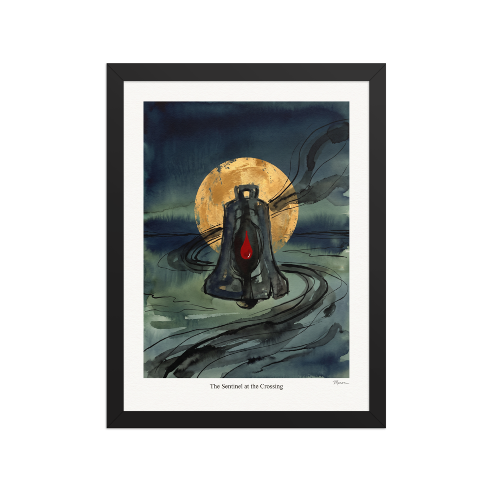 A mystical / mysterious Symbolism print, 'The Sentinel at the Crossing'. A mystical lantern with a red glowing flame set against a golden moon and dark teal watercolor waters, ideal for bedroom decor.