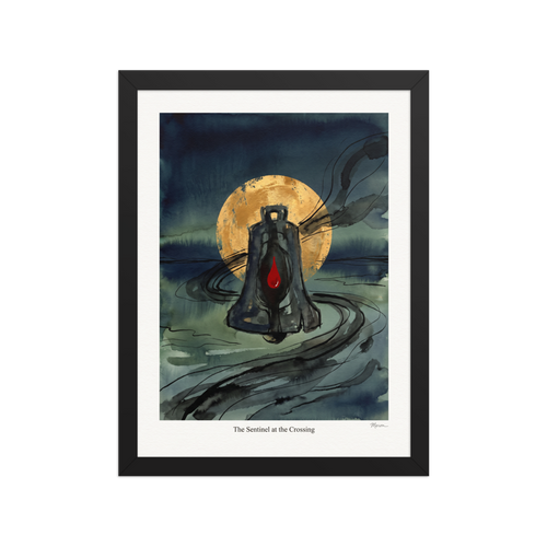 A mystical / mysterious Symbolism print, 'The Sentinel at the Crossing'. A mystical lantern with a red glowing flame set against a golden moon and dark teal watercolor waters, ideal for bedroom decor.