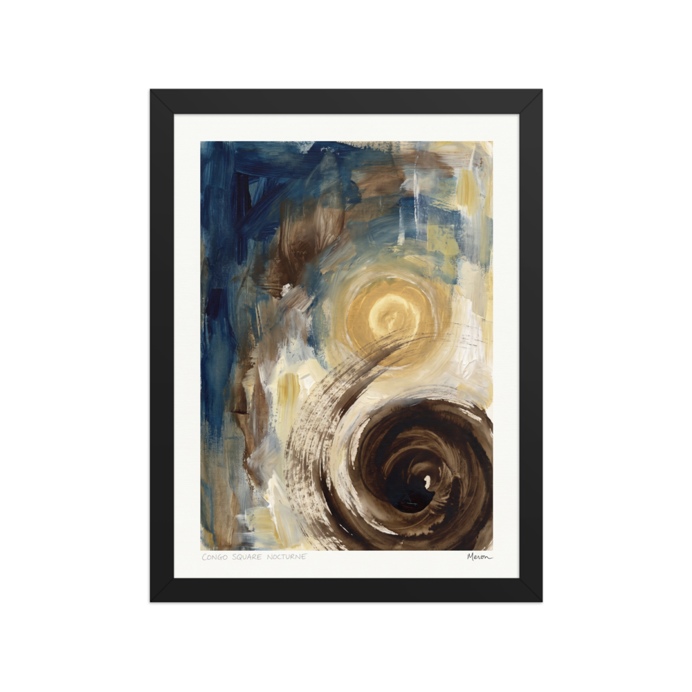Swirling golden moon aura and dark espresso vortex painterly strokes on a blue and ochre canvas in a living room wall art display. Shown here as the Abstract expressionism print 'Congo Square Nocturne'.