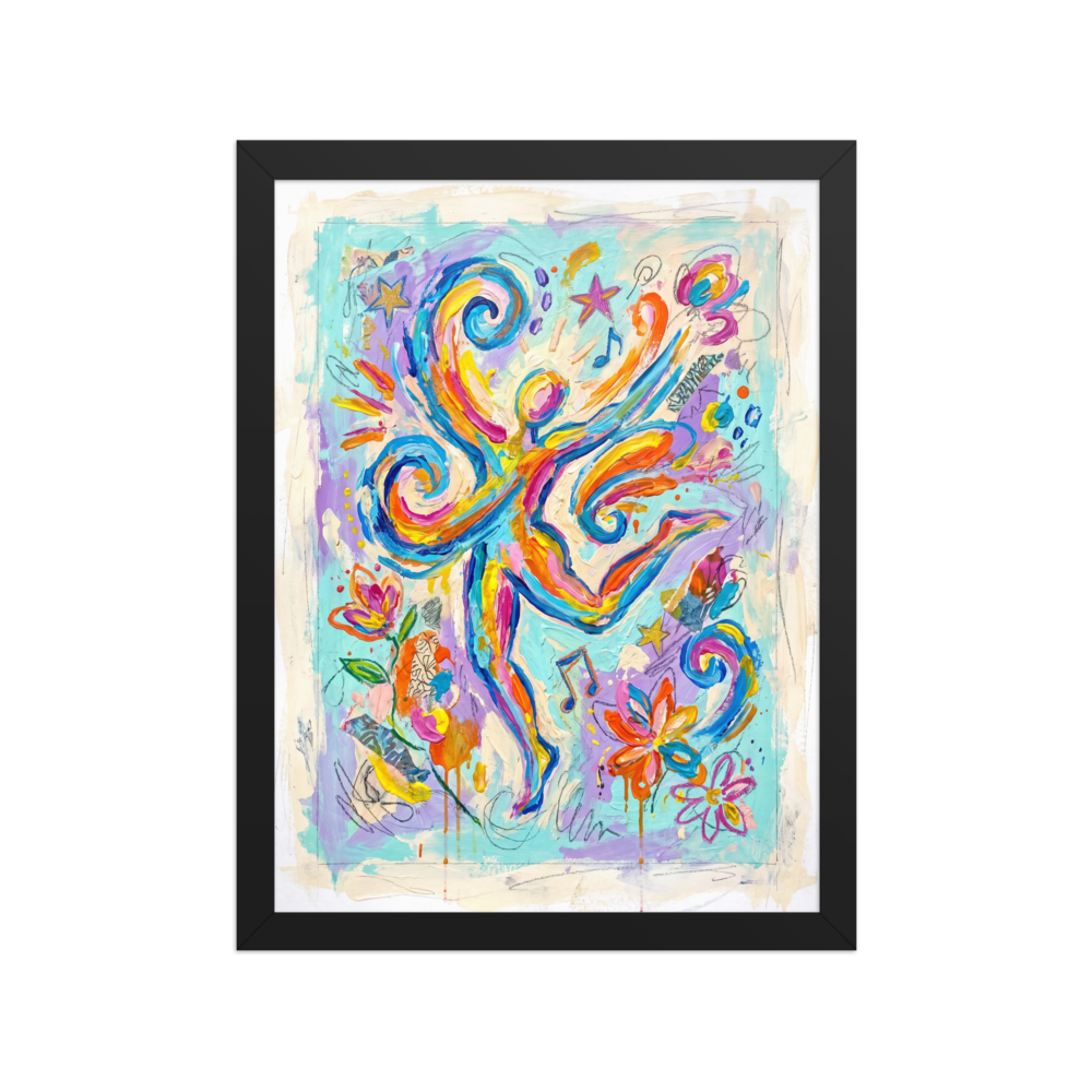 The Abstract expressionism print 'Joyful Dance of Sound and Motion'. Vibrant abstract figure leaping amidst colorful swirls and musical notes, perfect for Studio decor.