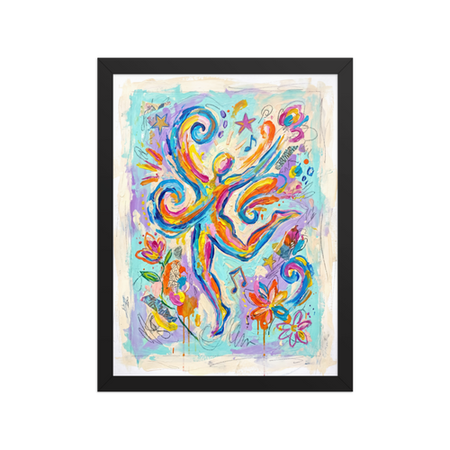 The Abstract expressionism print 'Joyful Dance of Sound and Motion'. Vibrant abstract figure leaping amidst colorful swirls and musical notes, perfect for Studio decor.