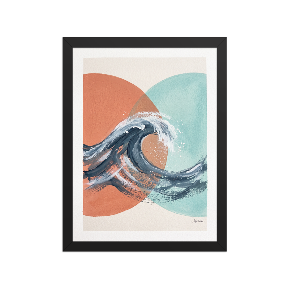 Wall art print 'Tidal Intersect' in a Abstract art style. Textured navy ocean wave breaking across intersecting coral and turquoise geometric circles, ideal for a coastal bathroom.