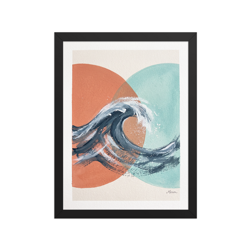 Wall art print 'Tidal Intersect' in a Abstract art style. Textured navy ocean wave breaking across intersecting coral and turquoise geometric circles, ideal for a coastal bathroom.