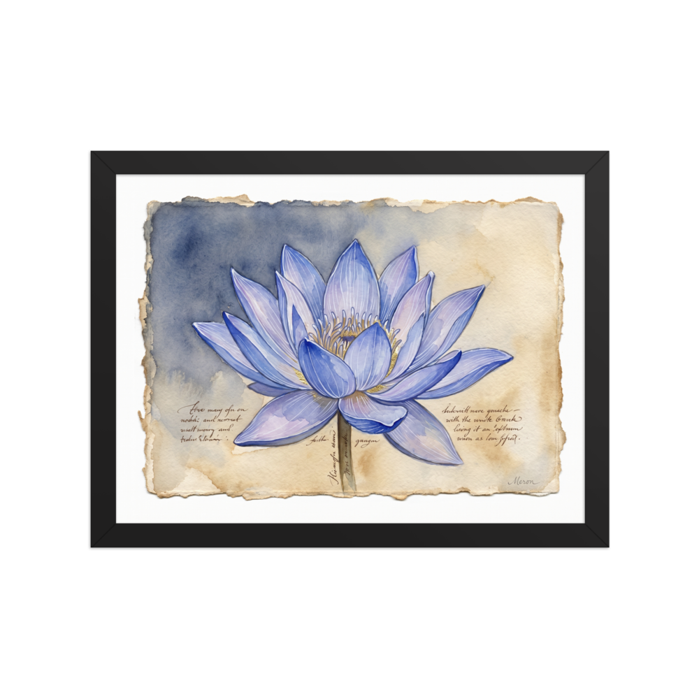 Wall art print 'Blue Lotus Botanical' in a Fine Art style. A periwinkle blue lotus flower watercolor with gold accents on handmade paper in a bedroom wall art print.