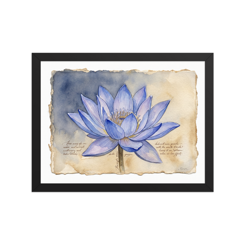 Wall art print 'Blue Lotus Botanical' in a Fine Art style. A periwinkle blue lotus flower watercolor with gold accents on handmade paper in a bedroom wall art print.