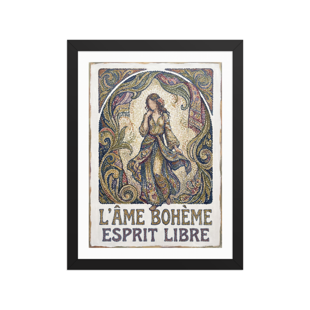 'The Bohemian Spirit', a Art Nouveau wall art print. An Art Nouveau Pointillist poster featuring a figure in a flowing gown with intricate botanical arches in a Bedroom.