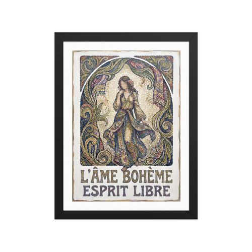 'The Bohemian Spirit', a Art Nouveau wall art print. An Art Nouveau Pointillist poster featuring a figure in a flowing gown with intricate botanical arches in a Bedroom.