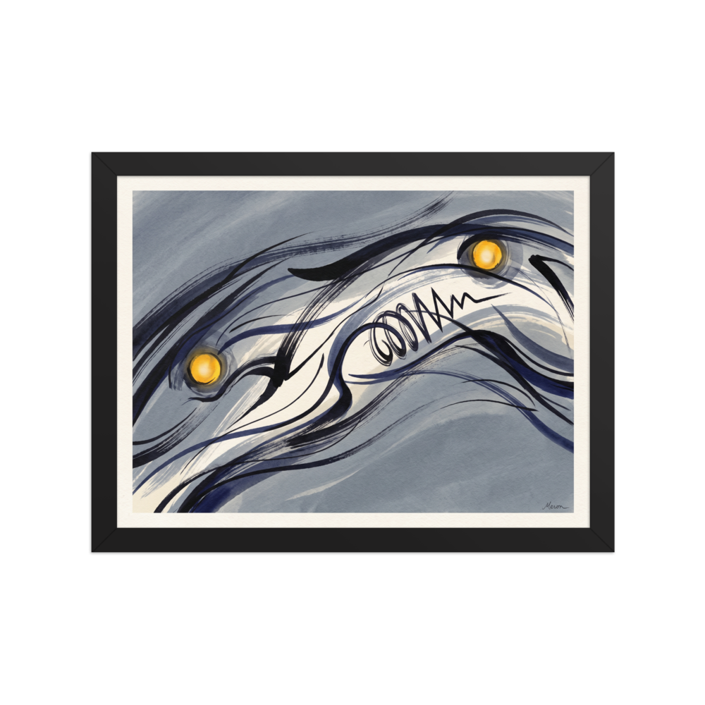 Abstract ink artwork with glowing gold orbs hanging in a modern study room. A Abstract art print in slate gray and midnight blue, 'Celestial Currents'.