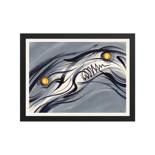 Abstract ink artwork with glowing gold orbs hanging in a modern study room. A Abstract art print in slate gray and midnight blue, 'Celestial Currents'.