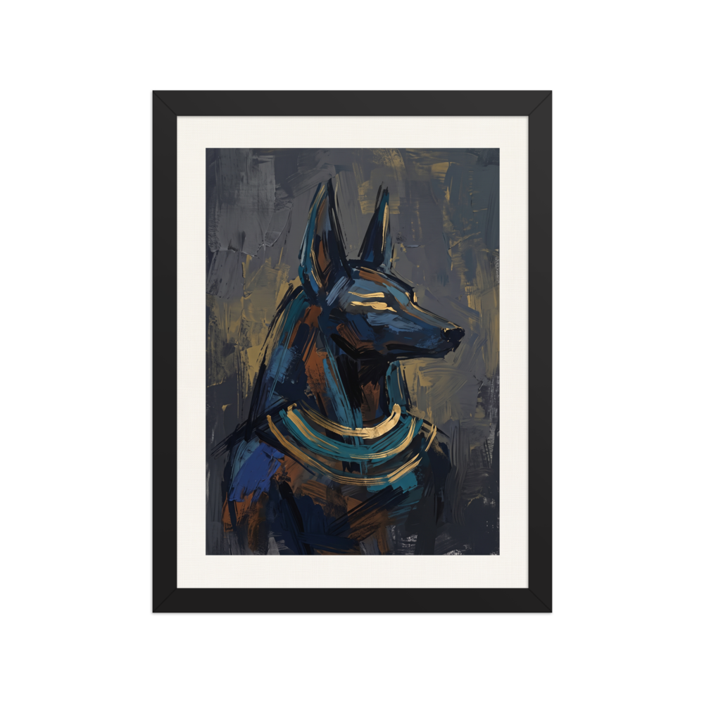 'The Jackal's Gaze', a Expressionism wall art print. An expressive oil painting of the Egyptian god Anubis in profile, featuring bold blue and gold brushstrokes on a dark background, ideal for an elegant office.