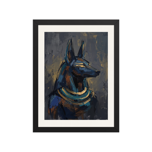 'The Jackal's Gaze', a Expressionism wall art print. An expressive oil painting of the Egyptian god Anubis in profile, featuring bold blue and gold brushstrokes on a dark background, ideal for an elegant office.