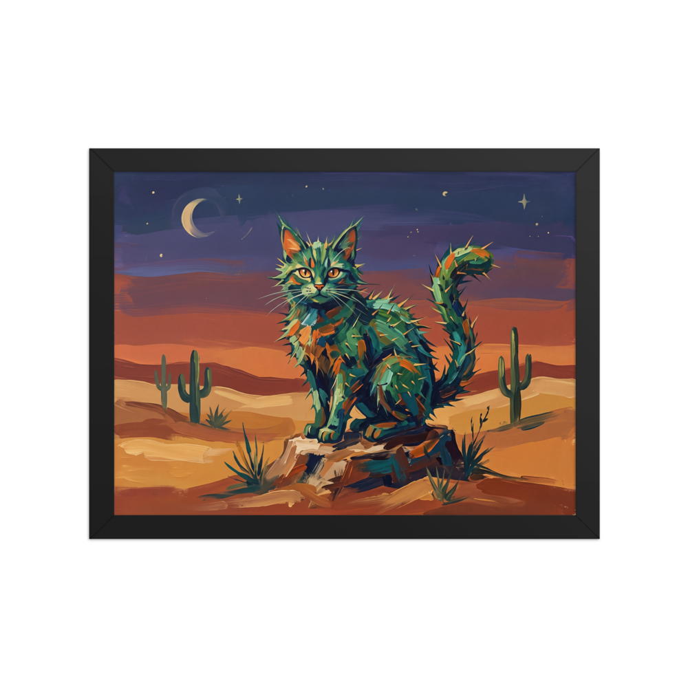 A amusement / humorous Fauvism print, 'The Cactus Cat'. A colorful, whimsical painting of a spiky cactus cat sitting in a desert under a twilight sky, perfect for a cozy Sunroom.