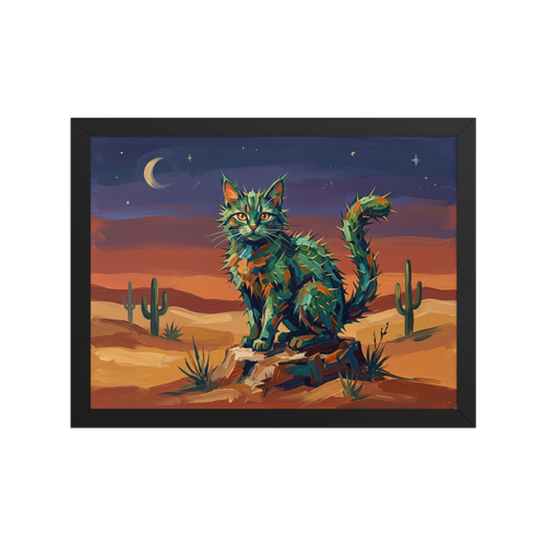 A amusement / humorous Fauvism print, 'The Cactus Cat'. A colorful, whimsical painting of a spiky cactus cat sitting in a desert under a twilight sky, perfect for a cozy Sunroom.