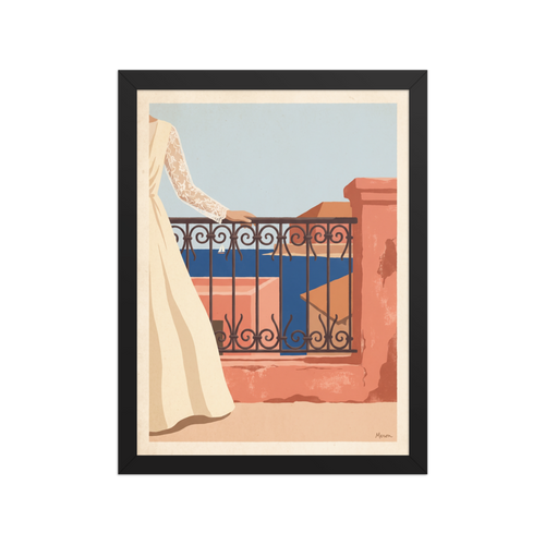 'Coastal Balcony Breeze'. Woman in an ivory lace dress leaning on a wrought iron balcony overlooking a blue sea with a sailboat, ideal for a bedroom. Offered as a Modernism print.