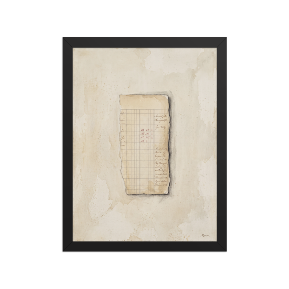 Wall art print 'Silent Ledger' in a Conceptual art style. A torn ledger paper with red tally marks rests on a stained parchment background in an office wall art print.