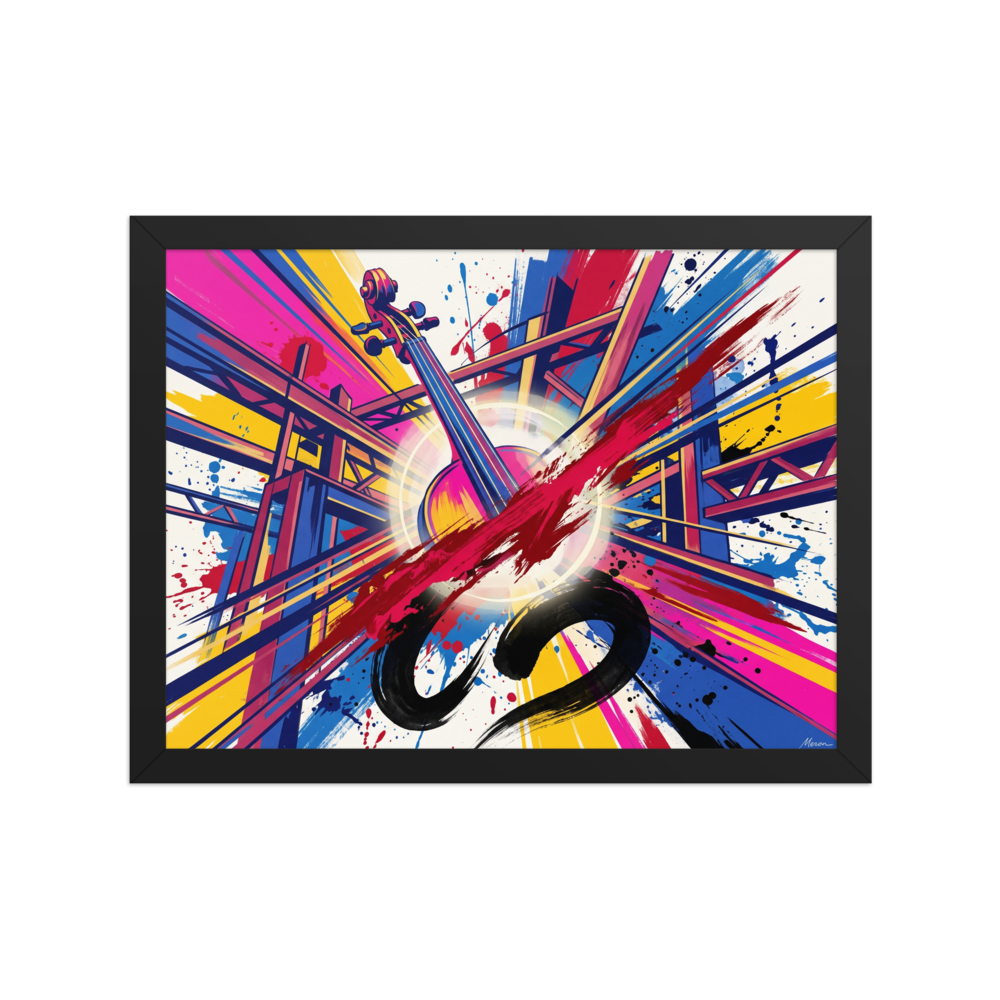 The Futurism print 'Resonant Frequency'. Vibrant futuristic artwork depicting a cello neck with explosive yellow and blue splatter lines, perfect for a modern living room wall.
