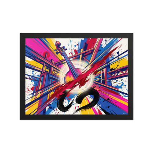 The Futurism print 'Resonant Frequency'. Vibrant futuristic artwork depicting a cello neck with explosive yellow and blue splatter lines, perfect for a modern living room wall.