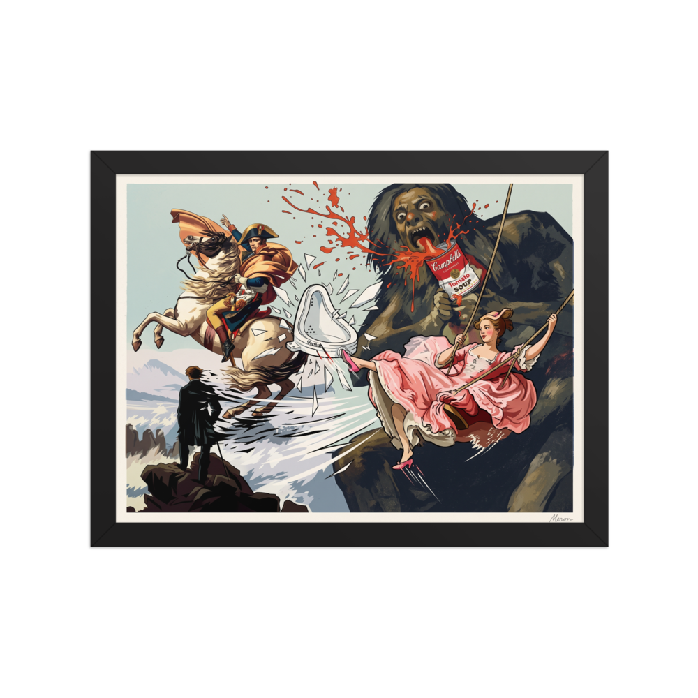 Wall art print 'Saturn's Soup' in a Pop art style. A humorous pop art illustration depicting Goya's Saturn drinking Campbell's Tomato Soup alongside Fragonard's swing lady kicking Duchamp's urinal, ideal for a game room.