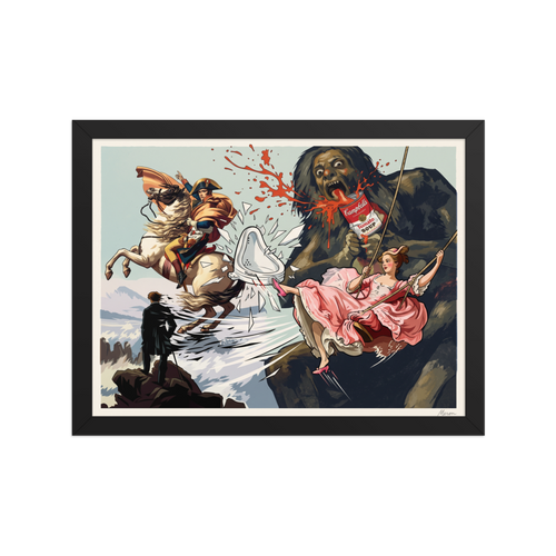 Wall art print 'Saturn's Soup' in a Pop art style. A humorous pop art illustration depicting Goya's Saturn drinking Campbell's Tomato Soup alongside Fragonard's swing lady kicking Duchamp's urinal, ideal for a game room.