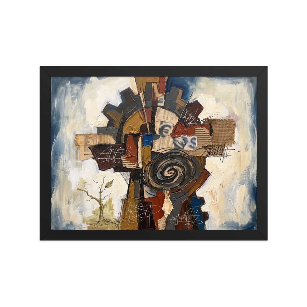 A textured mixed-media assemblage depicting an industrial cogwheel, spiral, burlap, and cardboard collage over creamy oil paint, perfect for an office or studio. A Dau-al-Set print with a papier collé look, titled 'The Cogwheel Assemblage'.