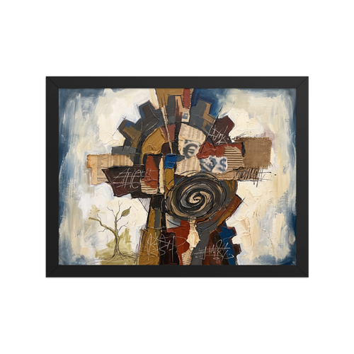 A textured mixed-media assemblage depicting an industrial cogwheel, spiral, burlap, and cardboard collage over creamy oil paint, perfect for an office or studio. A Dau-al-Set print with a papier collé look, titled 'The Cogwheel Assemblage'.
