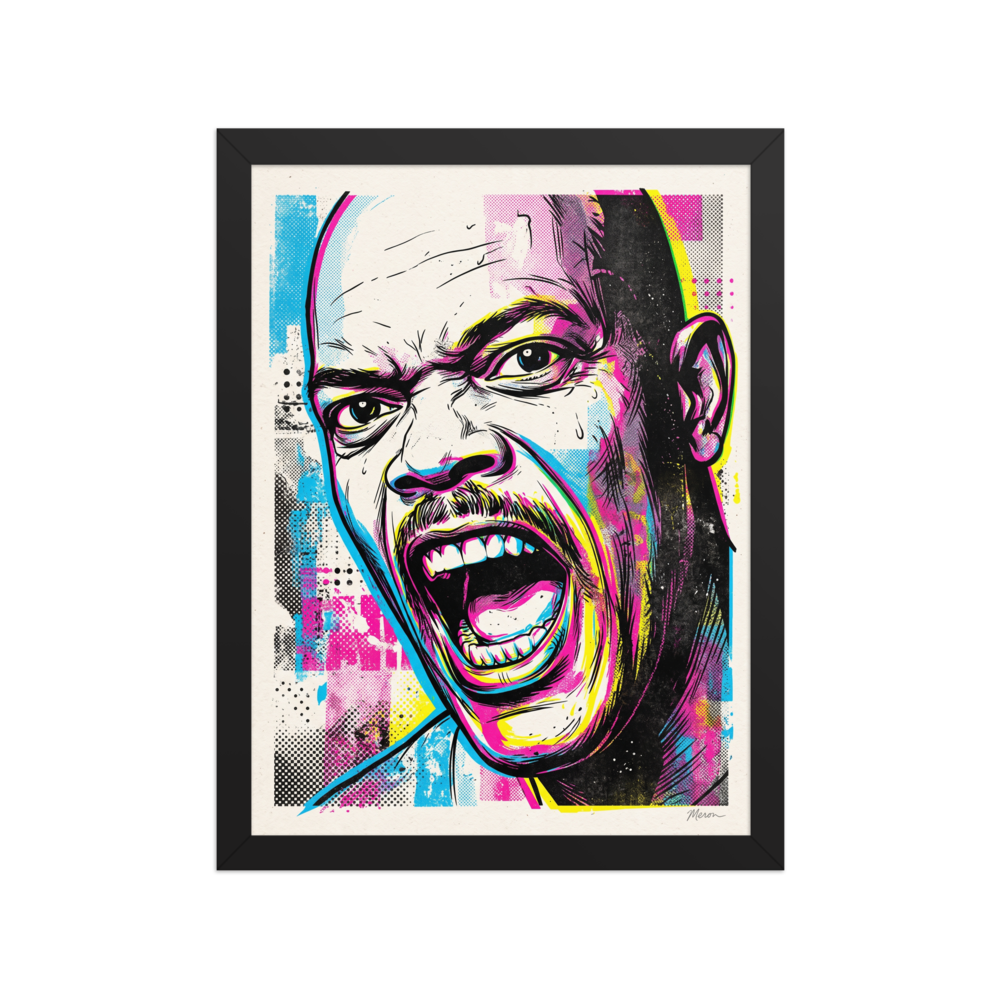 A vibrant pop art portrait of Samuel L. Jackson shouting passionately with cyan and magenta halftones, perfect for a Home Theater / Cinema wall. Shown here as the Pop art print 'Unfiltered Fury'.