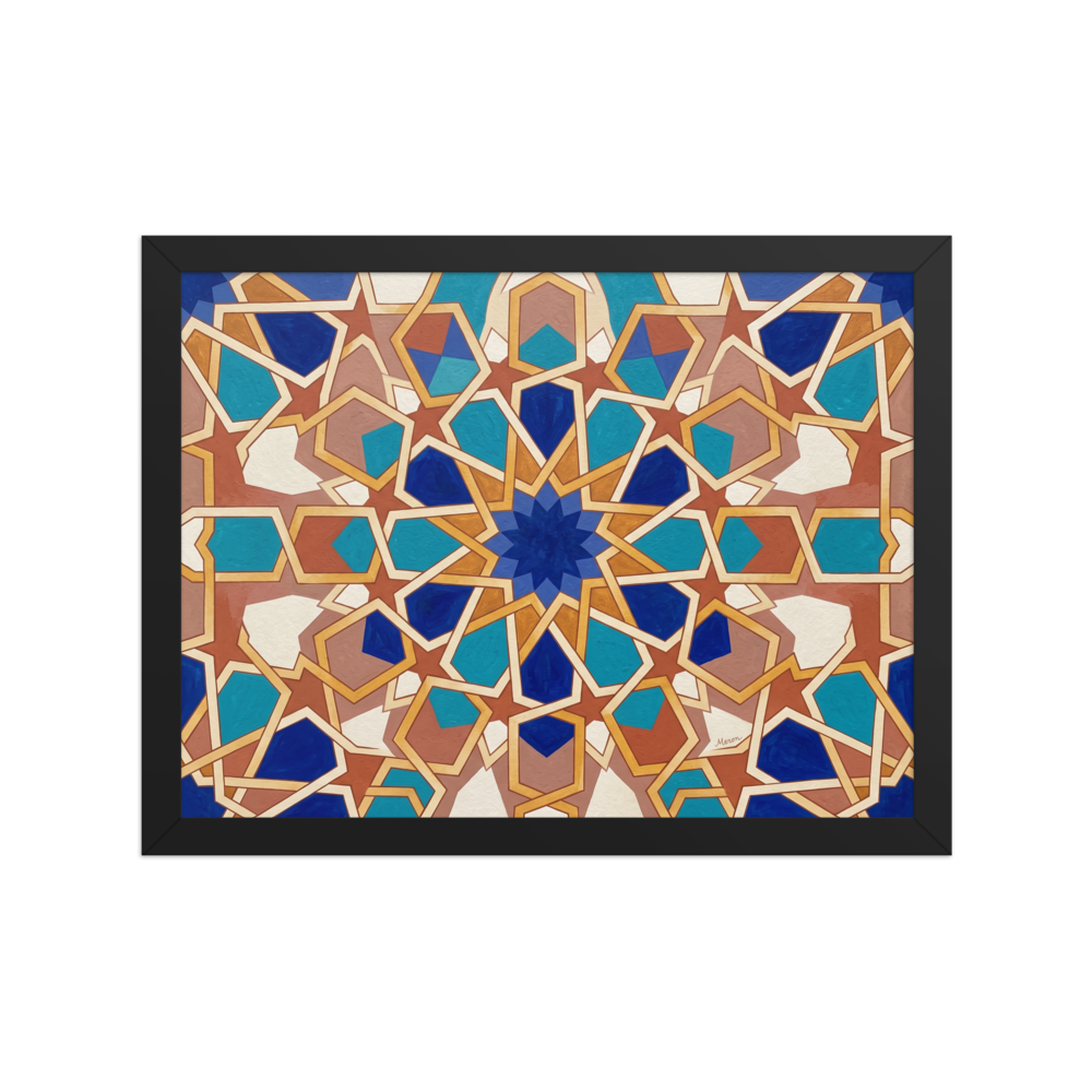 'The Andalusian Star', part of Meron's Arabesque wall art. Intricate Moorish geometric star pattern with interlocking blue and gold tiles, ideal for a living room.