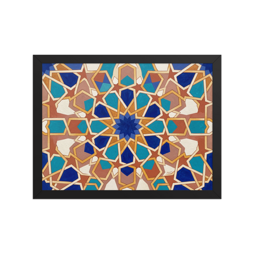 'The Andalusian Star', part of Meron's Arabesque wall art. Intricate Moorish geometric star pattern with interlocking blue and gold tiles, ideal for a living room.