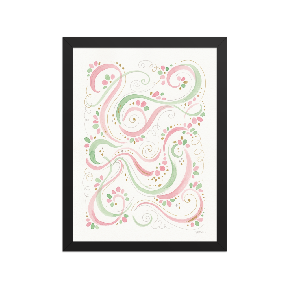 A elegant scene in pink and light green, 'Pastel Pirouette'. An elegant Rococo watercolor of swirling pink and light green ribbons with gold filigree, styled for a bright bedroom.