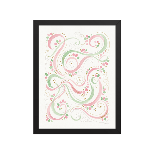 A elegant scene in pink and light green, 'Pastel Pirouette'. An elegant Rococo watercolor of swirling pink and light green ribbons with gold filigree, styled for a bright bedroom.