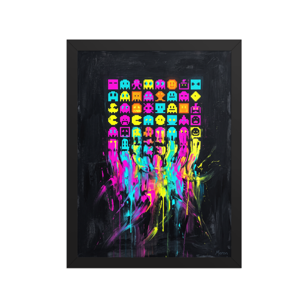 'Meltdown Arcade'. Vibrant retro 8-bit pixel game characters melting into neon cyan and magenta paint drips on a black canvas for a game room or studio decor. Offered as a Pixel art print.